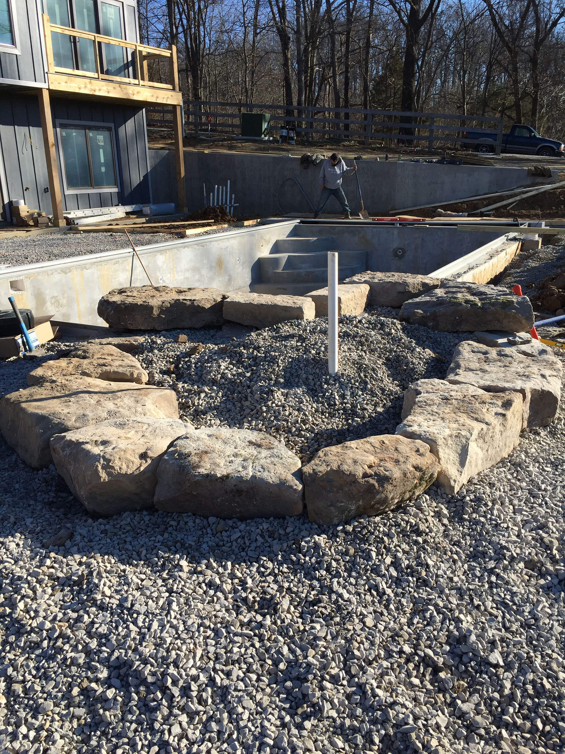 natural stone waterfall feature under construciton Cape Girardeau, MO Project